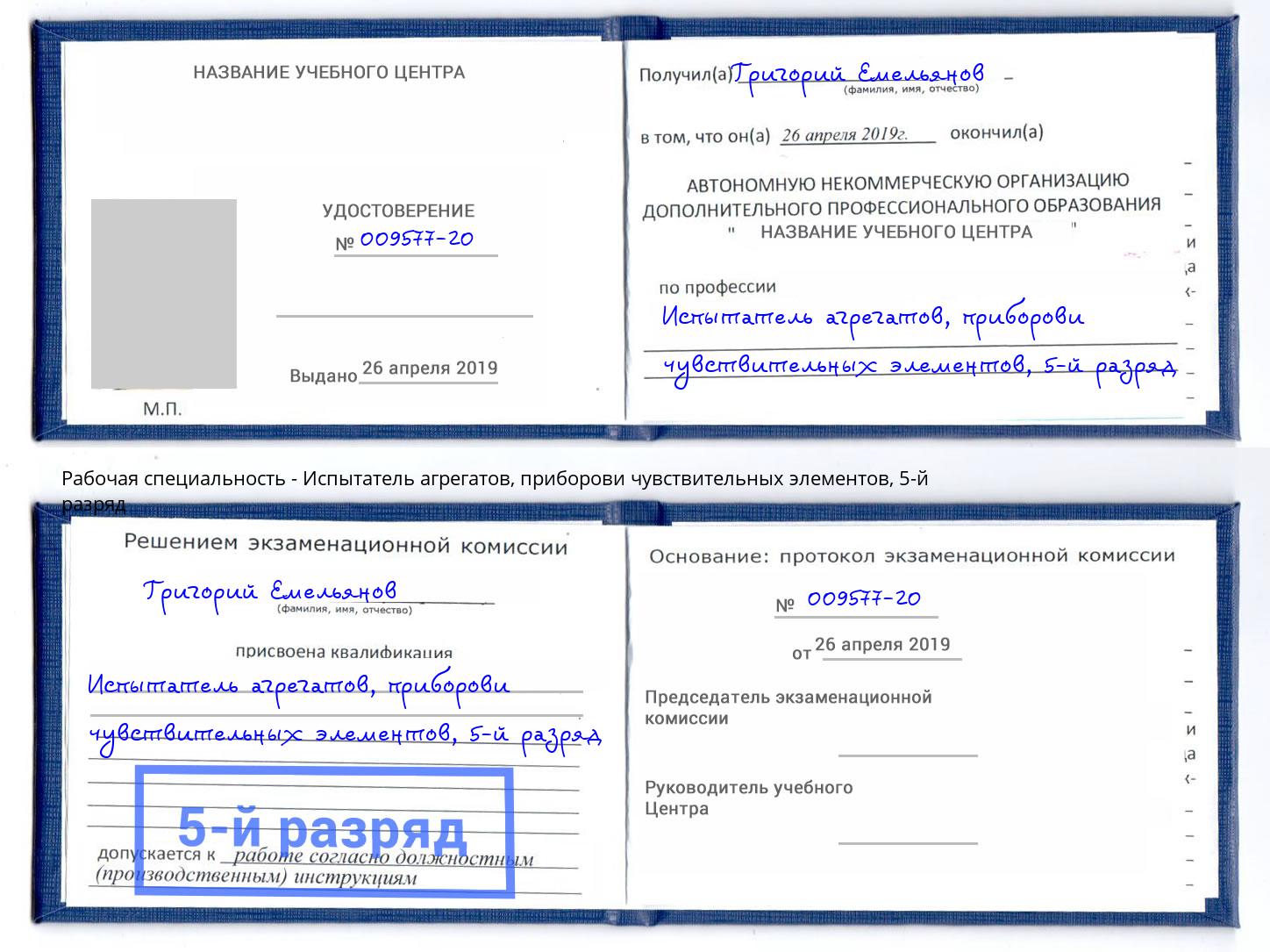 корочка 5-й разряд Испытатель агрегатов, приборови чувствительных элементов Волжский